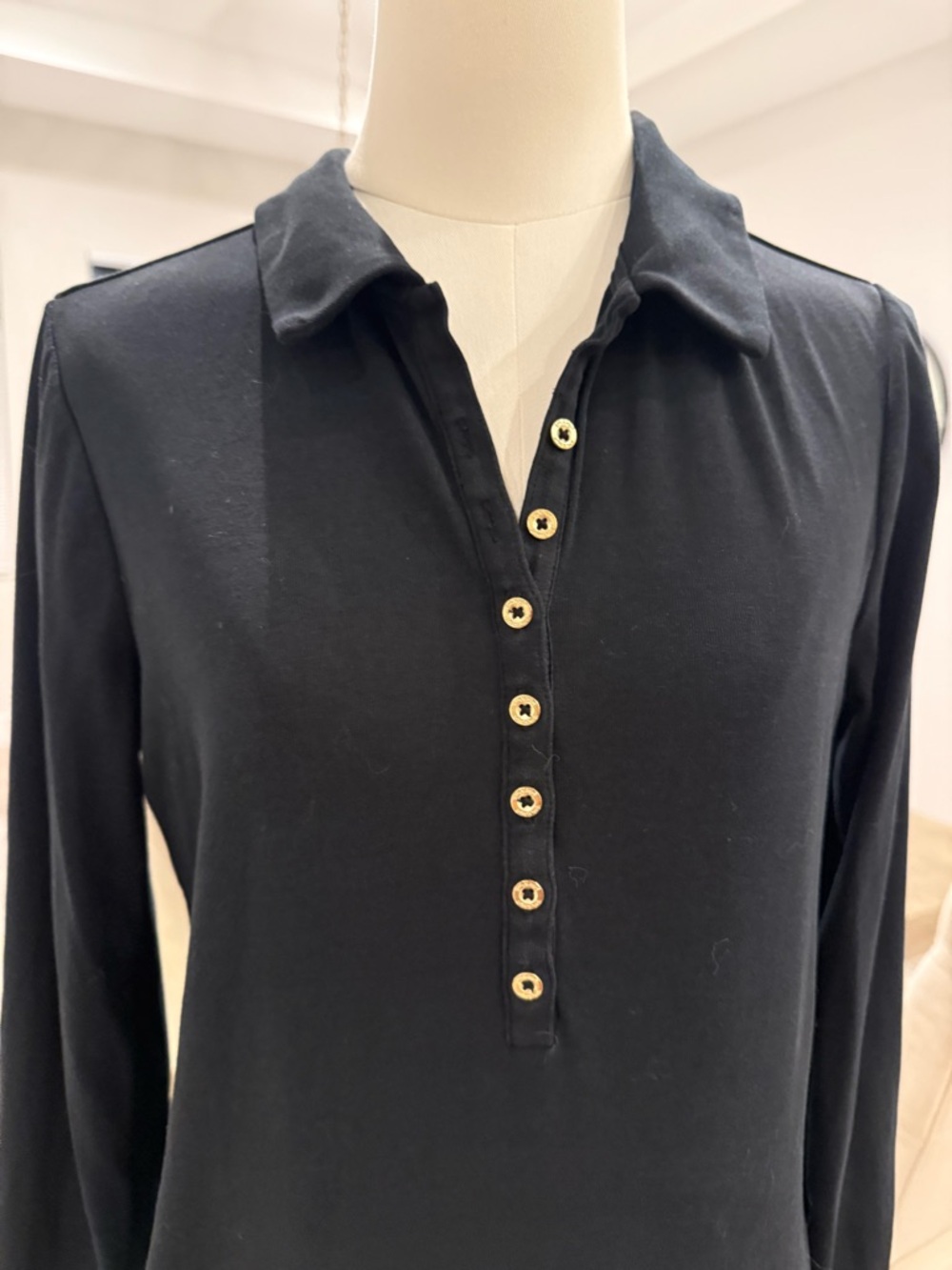 Lilly Pulitzer Black Long-Sleeve Polo with Gold Buttons